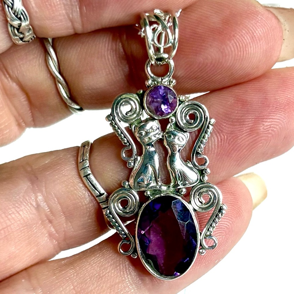 Amethyst Gemstone Pendant with Two Kitty Cats Sterling Silver 17 inch Chain